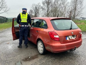 Zdjęcie przedstawia: policjanta stojącego obok samochodu osobowego.