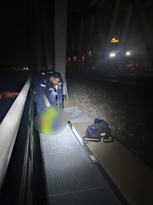 Zdjęcie przedstawia policjanta pod leżącym mężczyzną, z tyłu widoczny pociąg.